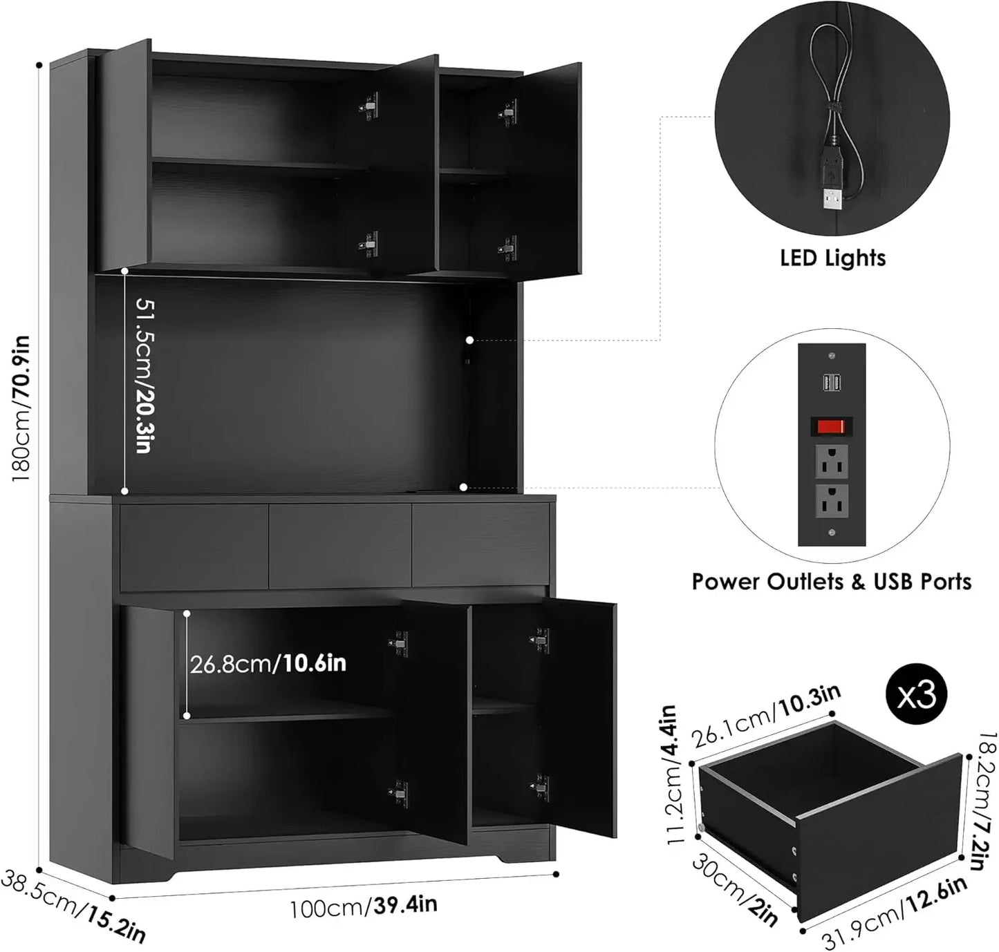 Pantry Cabinet With Power Outlets And Led Lights Microwave Stand