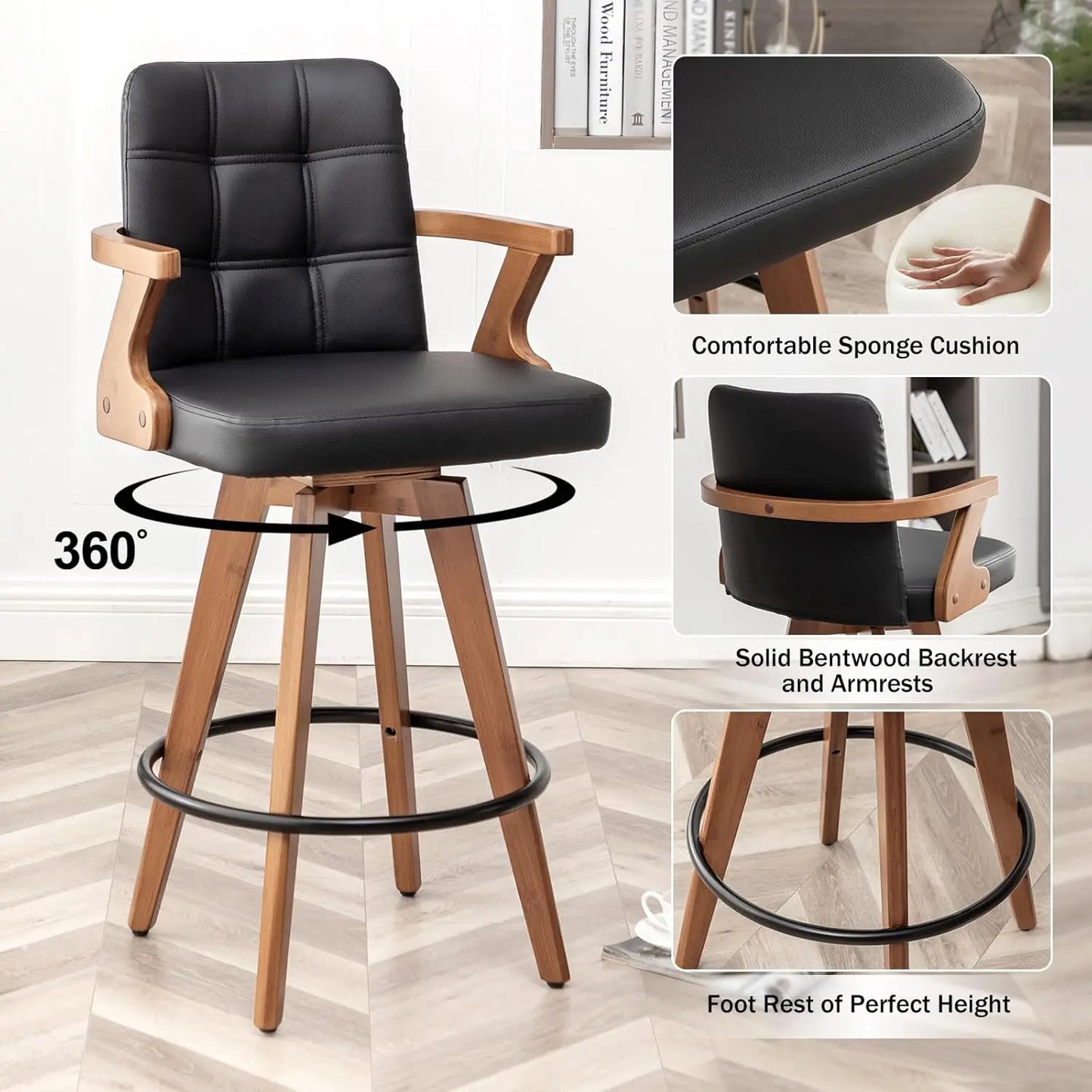 Black Bar Stools Set of 2, Kitchen Bar Stools 30” H,Modern Leather Bar Height Chairs with Back,Kitchen Island, Customized