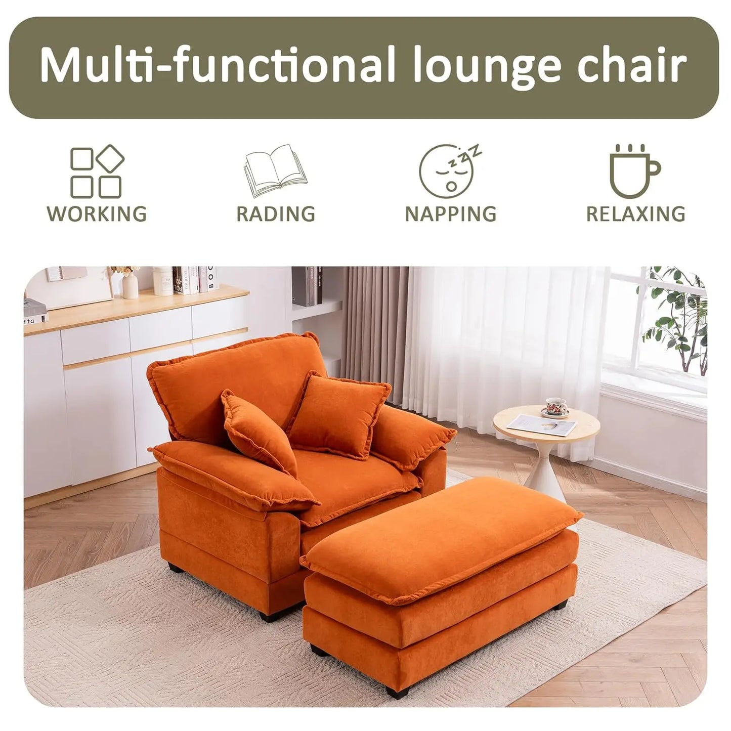 Oversized Chaise Lounge Chair With Ottoman Indoor Velvet Deep Seat