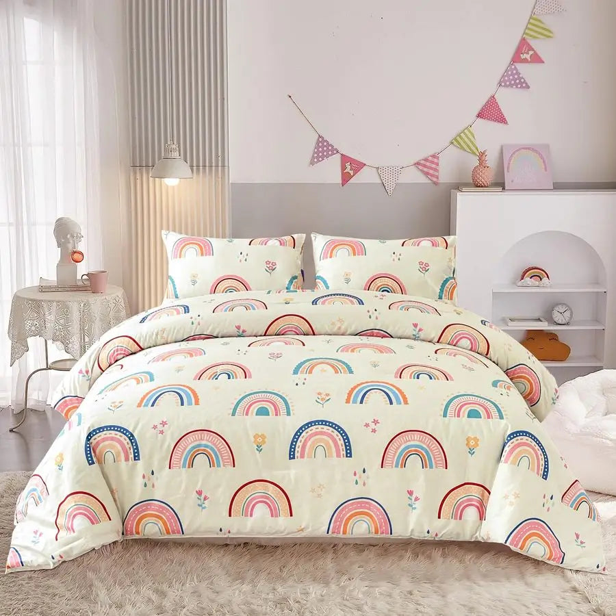 Lightweight Rainbow Comforter Set With Pillow Covers For Girls