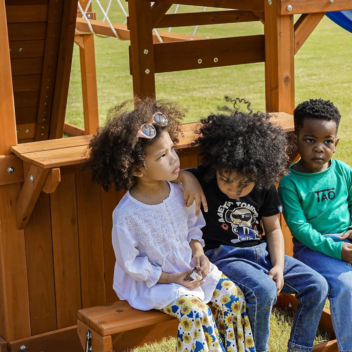 Backyard Wooden Swing Set With Plank Bridge And Wave Slides