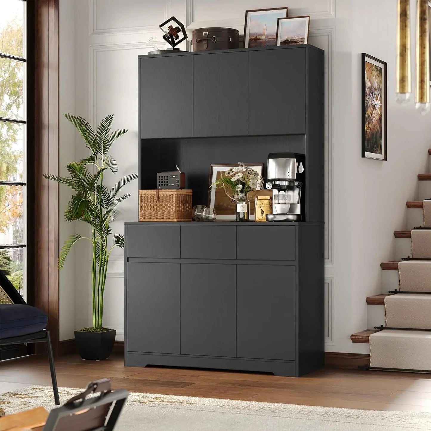 Pantry Cabinet With Power Outlets And Led Lights Microwave Stand