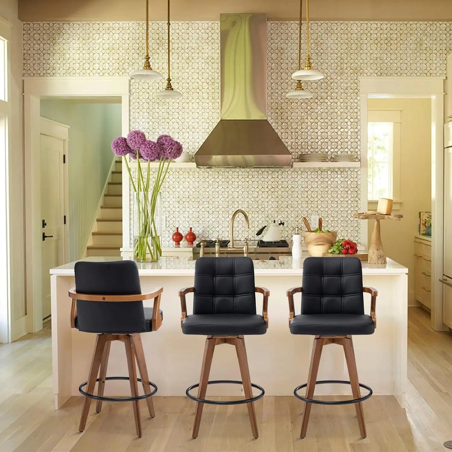 Black Bar Stools Set of 2, Kitchen Bar Stools 30” H,Modern Leather Bar Height Chairs with Back,Kitchen Island, Customized
