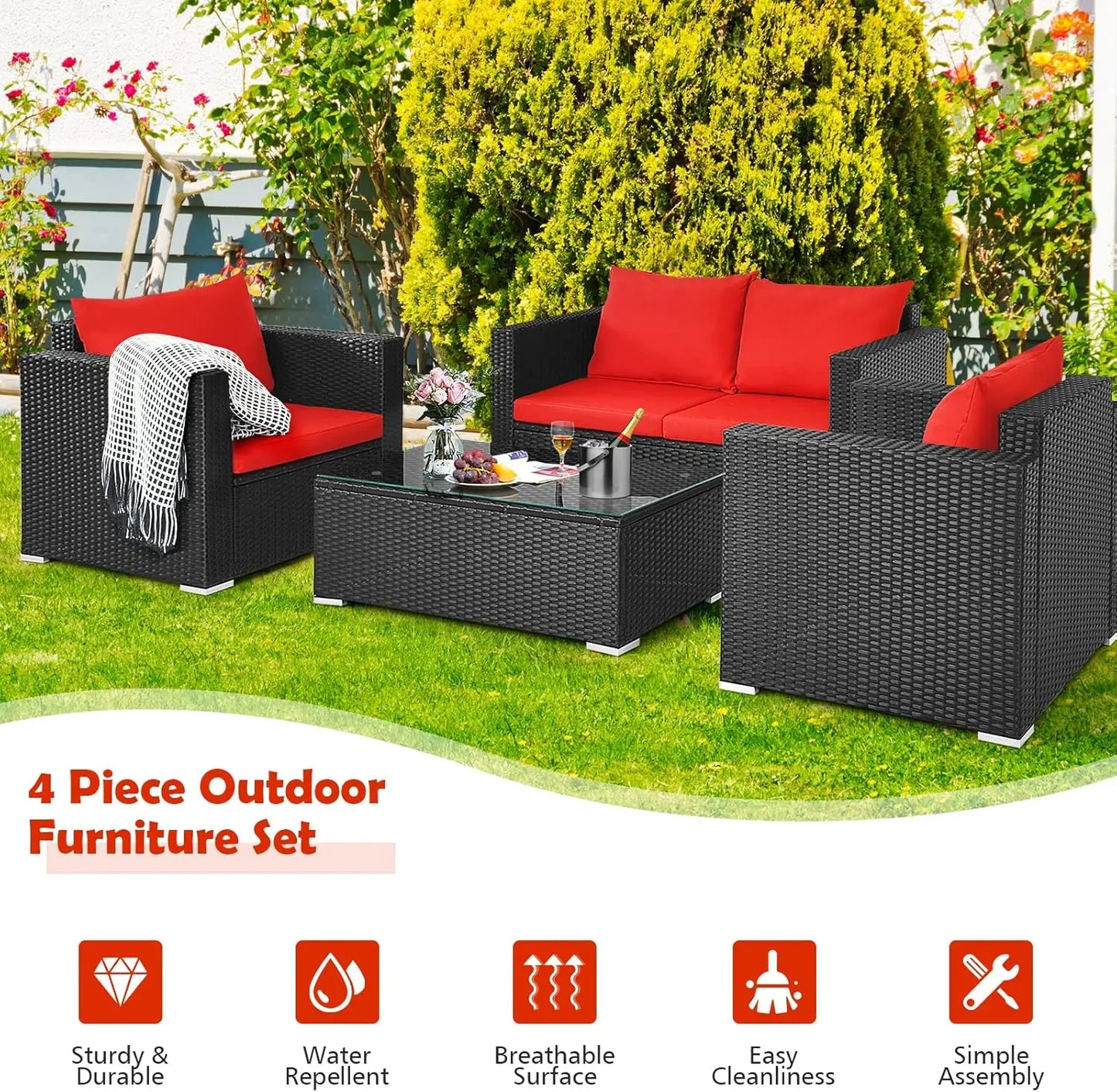 Patio 4-Piece Rattan Furniture Set With Cushioned Seating And Glass Top Table