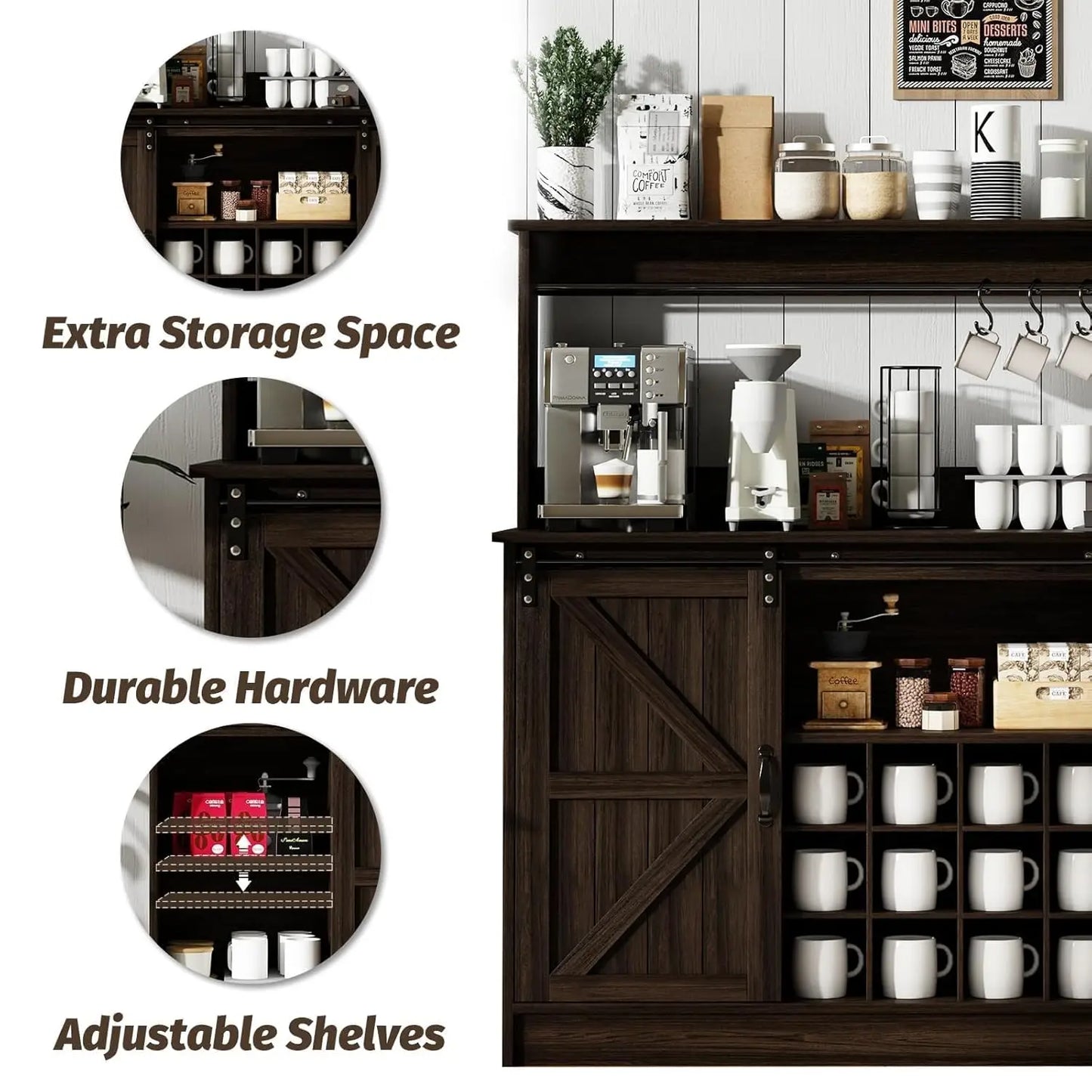 Farmhouse Coffee Bar Cabinet With Eight Hooks Kitchen Hutch Storage