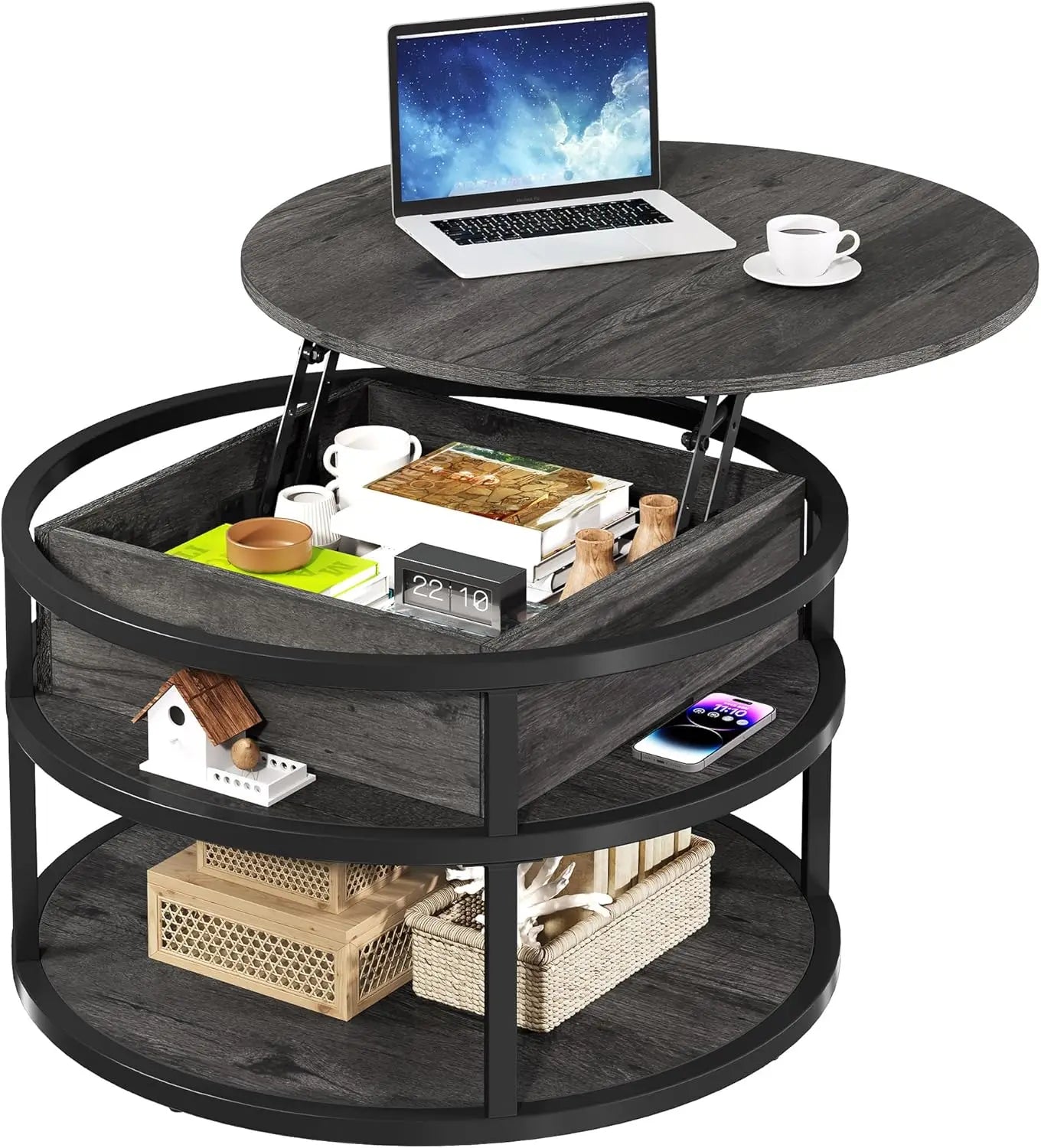 Round Lift Top Coffee Table With Storage Farmhouse Style Wood