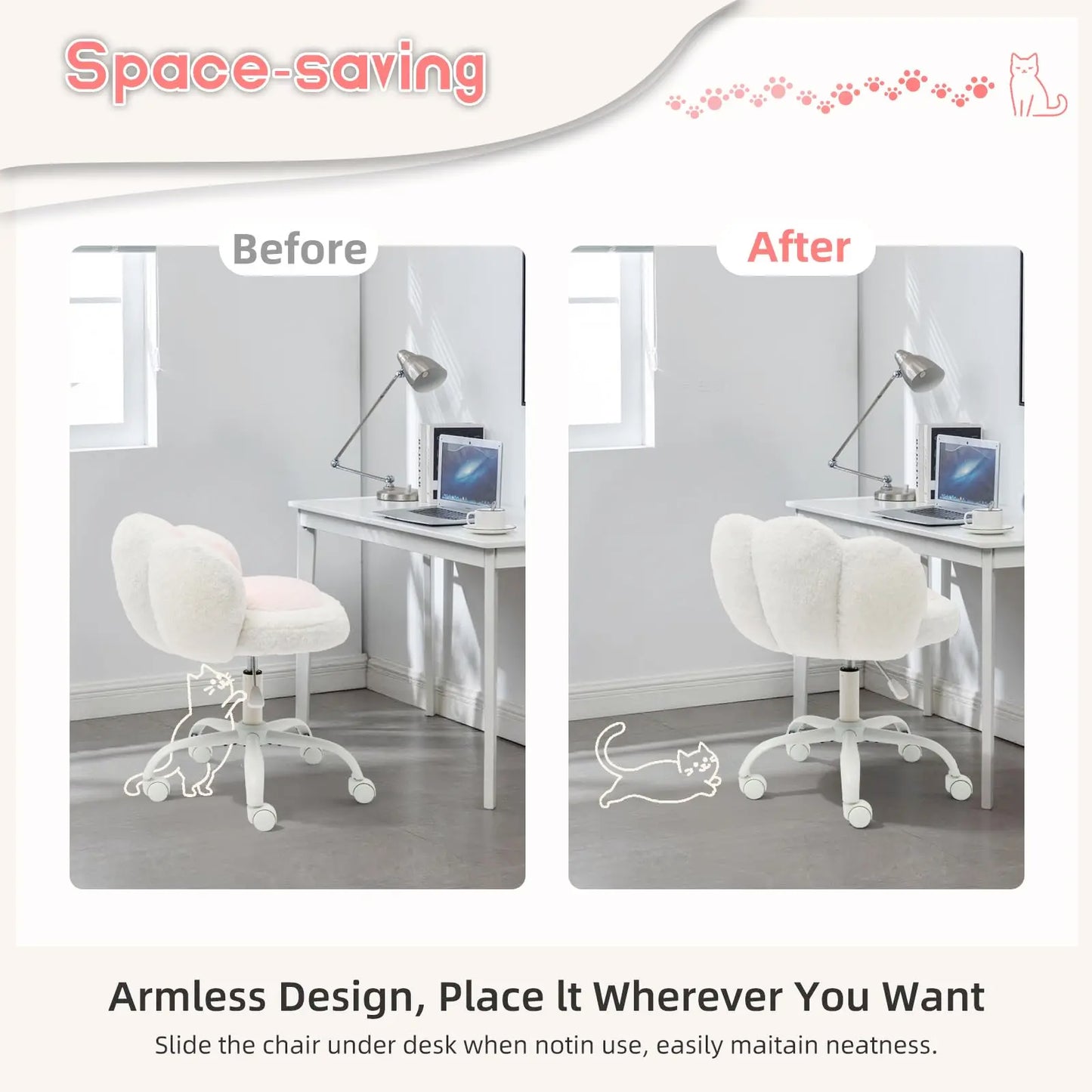 HiMISS Vanity Cat Paw Office Chair With Wheels 360 Rotation