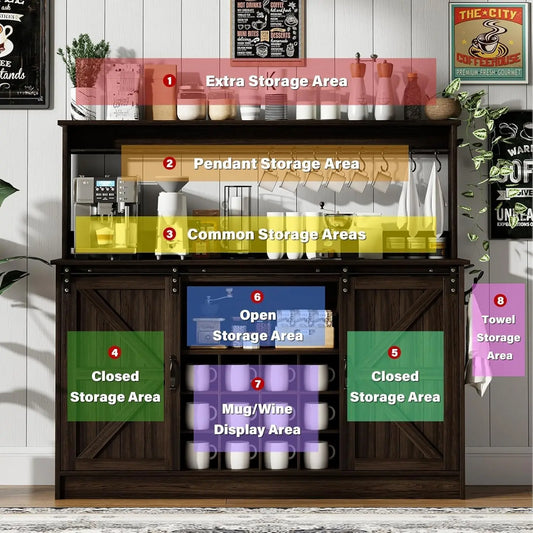 Farmhouse Coffee Bar Cabinet With Eight Hooks Kitchen Hutch Storage