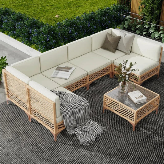 7-Piece Outdoor Wicker Patio Sectional Set With Tempered Glass Table