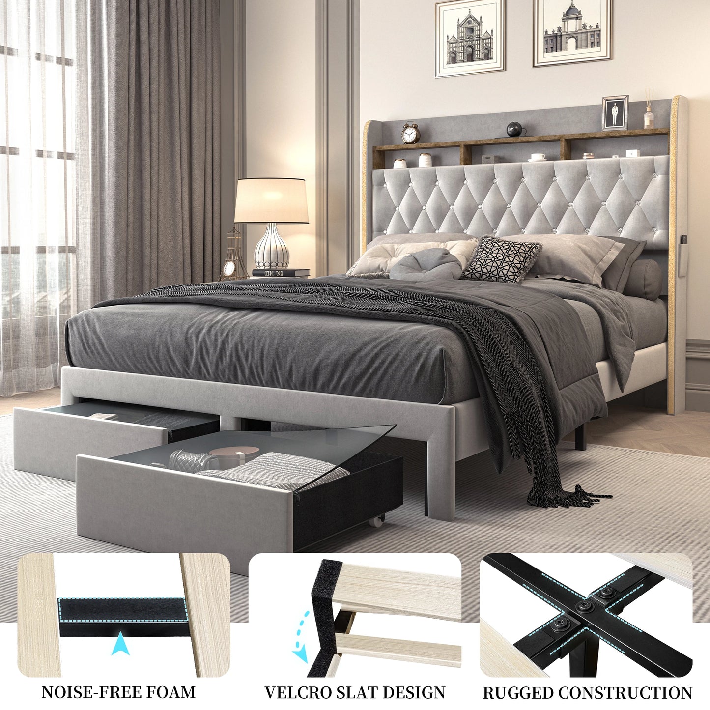 SIBEDSCN Queen LED Bed Frame With Storage And Star Projector