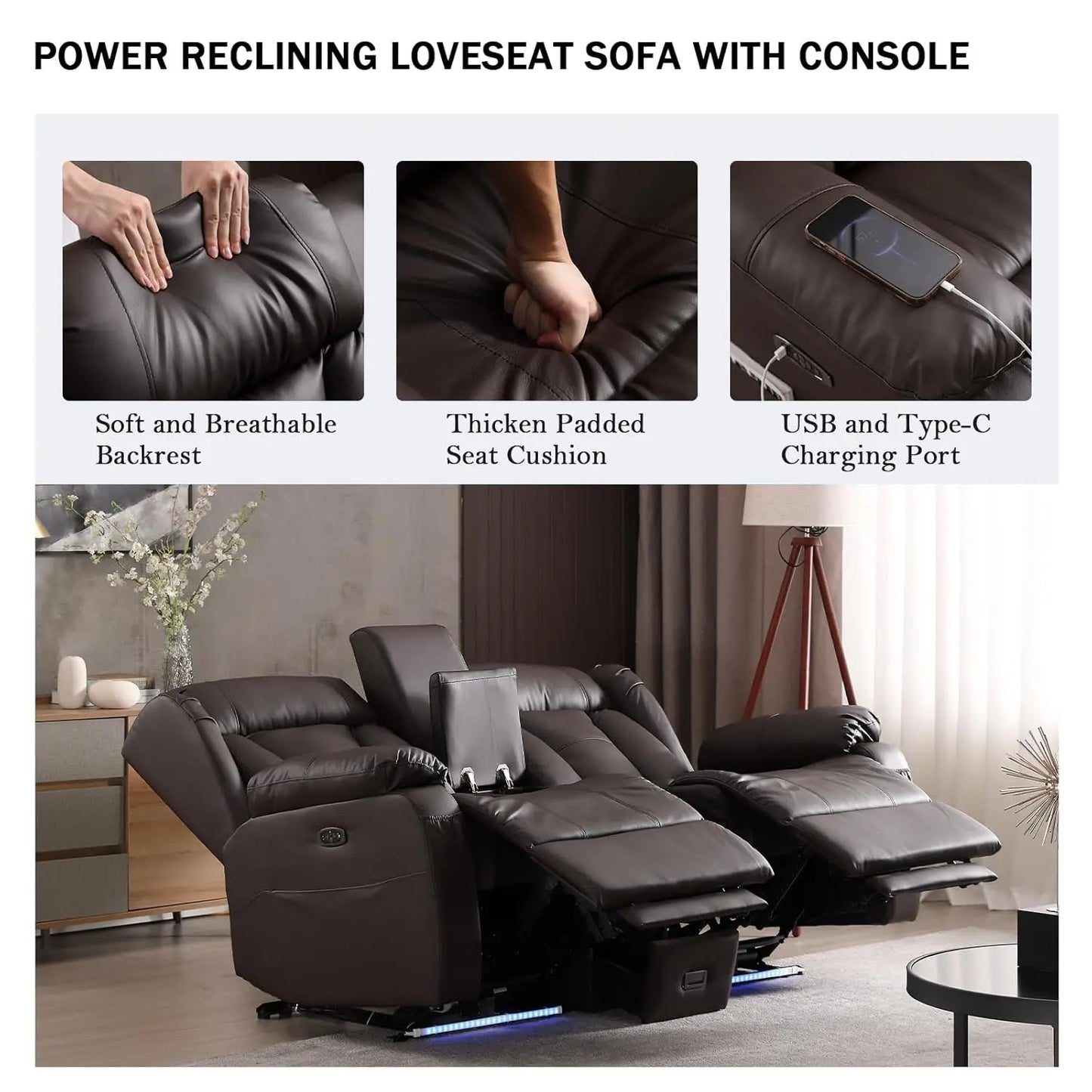 Power Reclining Faux Leather Loveseat With Console And Led Ambient
