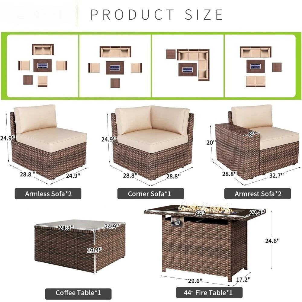 7 Piece Outdoor Wicker Patio Set With Fire Pit Table And Cushions