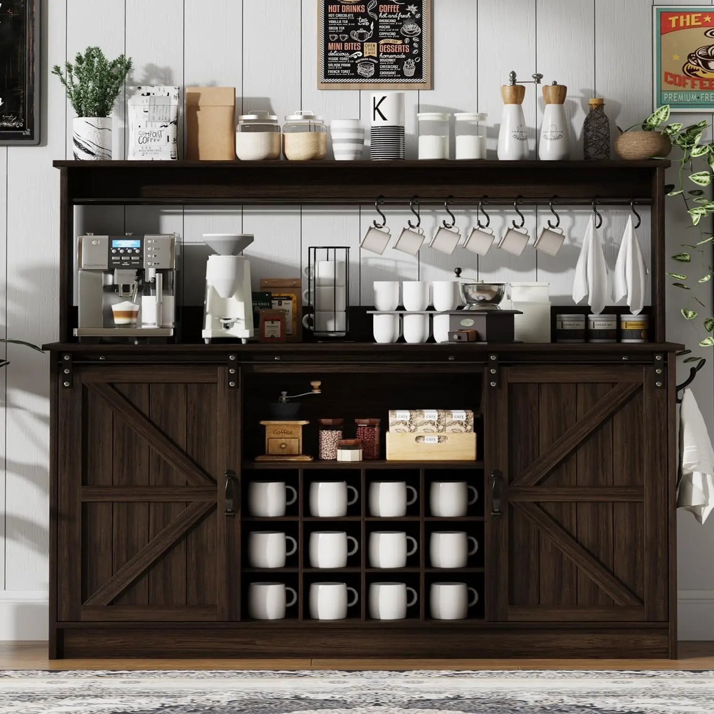 Farmhouse Coffee Bar Cabinet With Eight Hooks Kitchen Hutch Storage