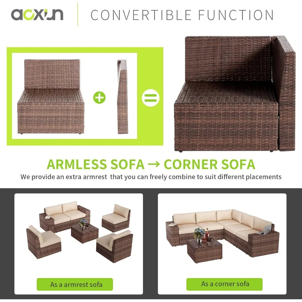 7 Piece Outdoor Wicker Patio Set With Fire Pit Table And Cushions