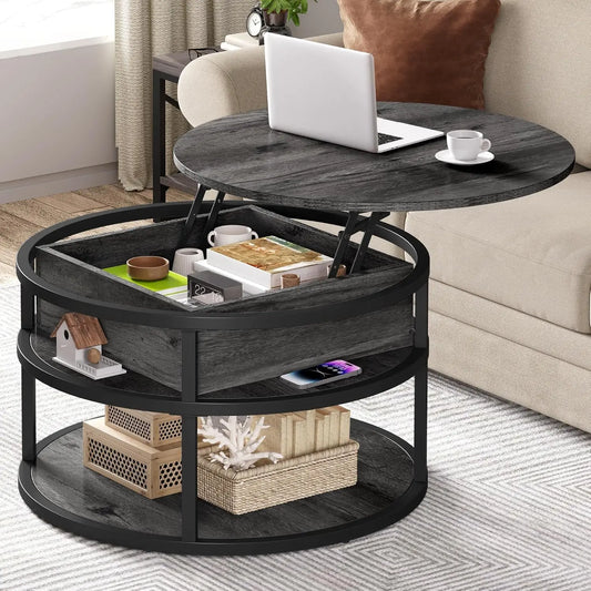 Round Lift Top Coffee Table With Storage Farmhouse Style Wood
