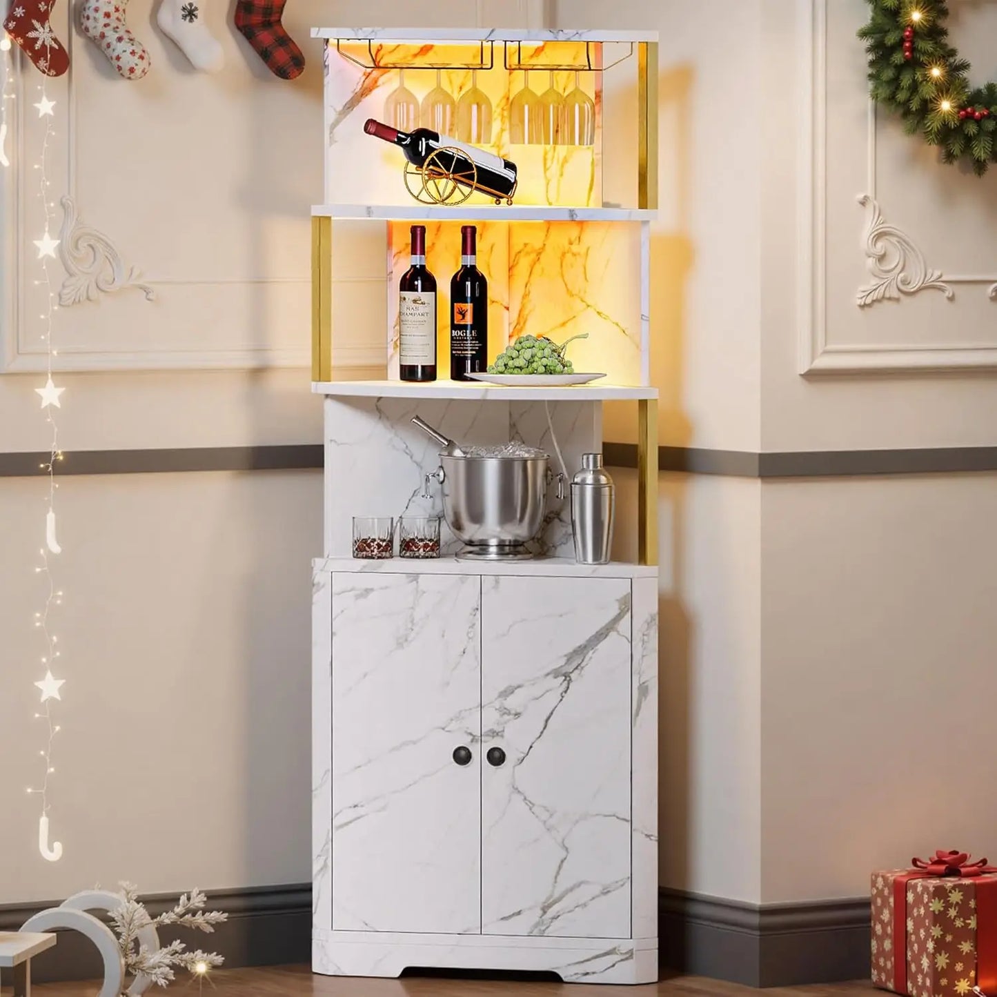 Corner Bar Cabinet With LED Lights And Power Outlets And Wine Rack