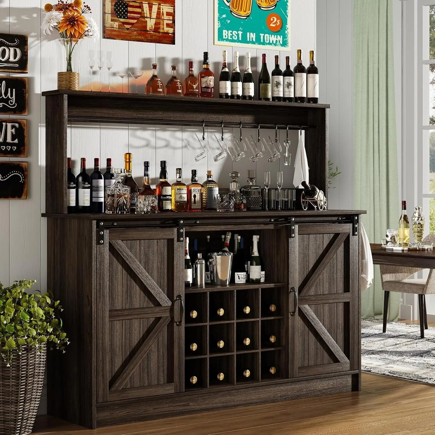 Farmhouse Coffee Bar Cabinet With Eight Hooks Kitchen Hutch Storage