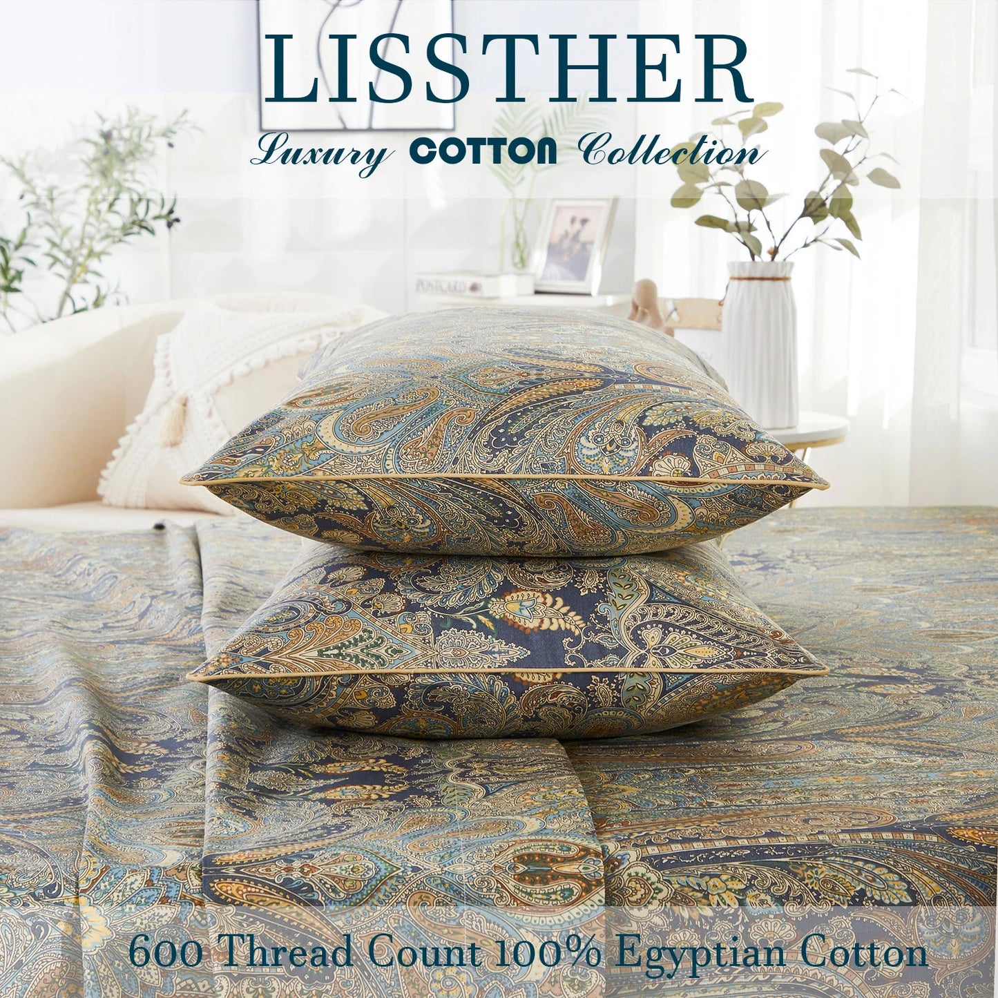 LISSTHERCN 3Piece 600TC Egyptian Cotton Duvet Cover Set Paisley Royal