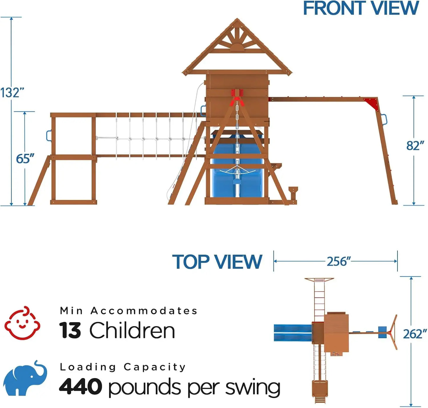 Backyard Wooden Swing Set With Plank Bridge And Wave Slides