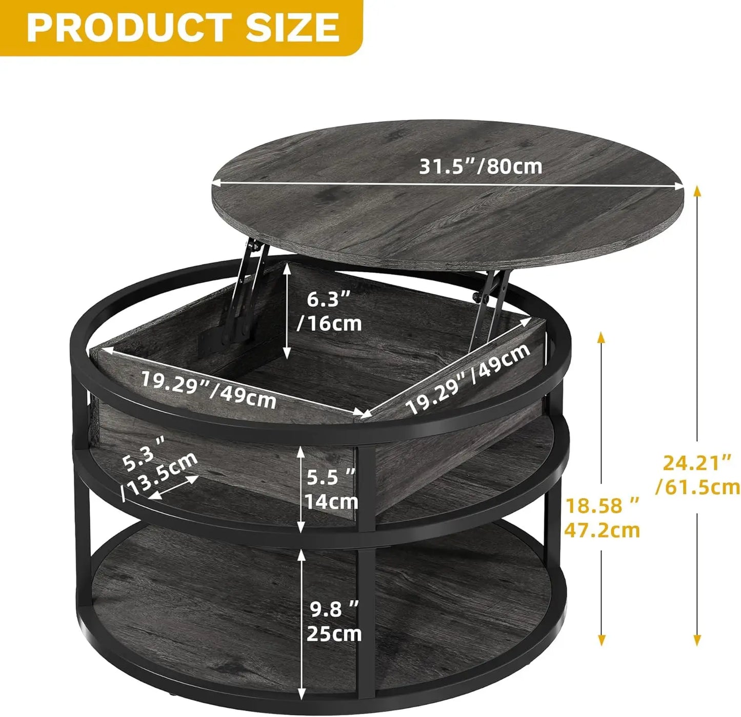 Round Lift Top Coffee Table With Storage Farmhouse Style Wood