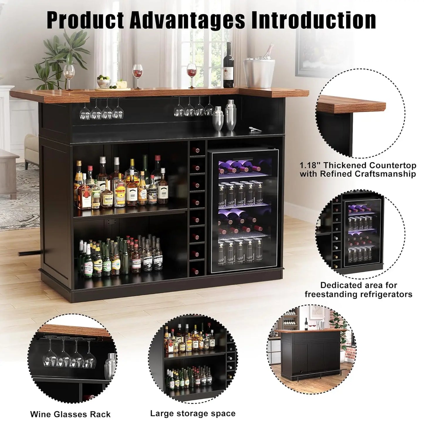 U Shape Home Bar Cabinet With Fridge Space Liquor Storage