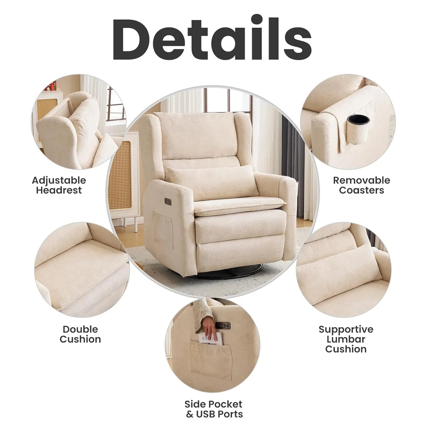 Oversized Swivel Rocker Recliner With Adjustable Headrest Nursery Chair