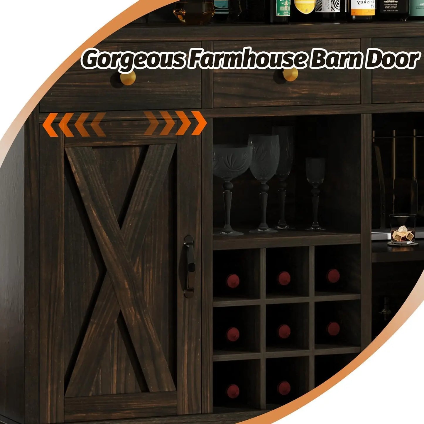 Farmhouse Bar Table With Wine Rack And Drawers Storage Cabinet