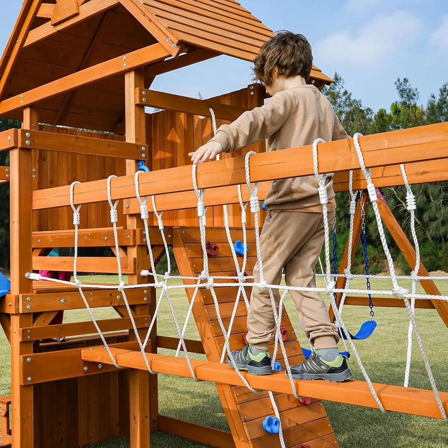 Backyard Wooden Swing Set With Plank Bridge And Wave Slides