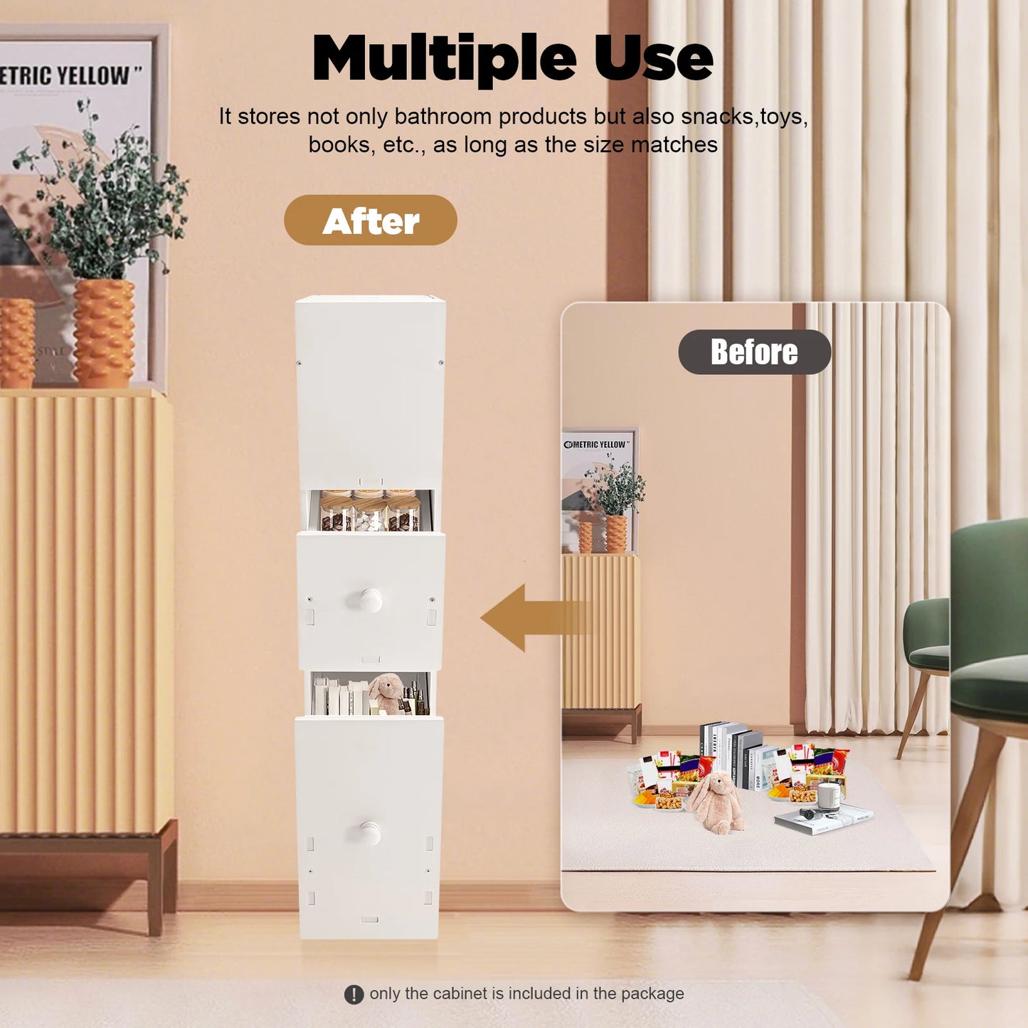 Slim Bathroom Storage Cabinet Toilet Side Cabinet  4 Layers Floor Storage Organizer with Slide Out Drawer White