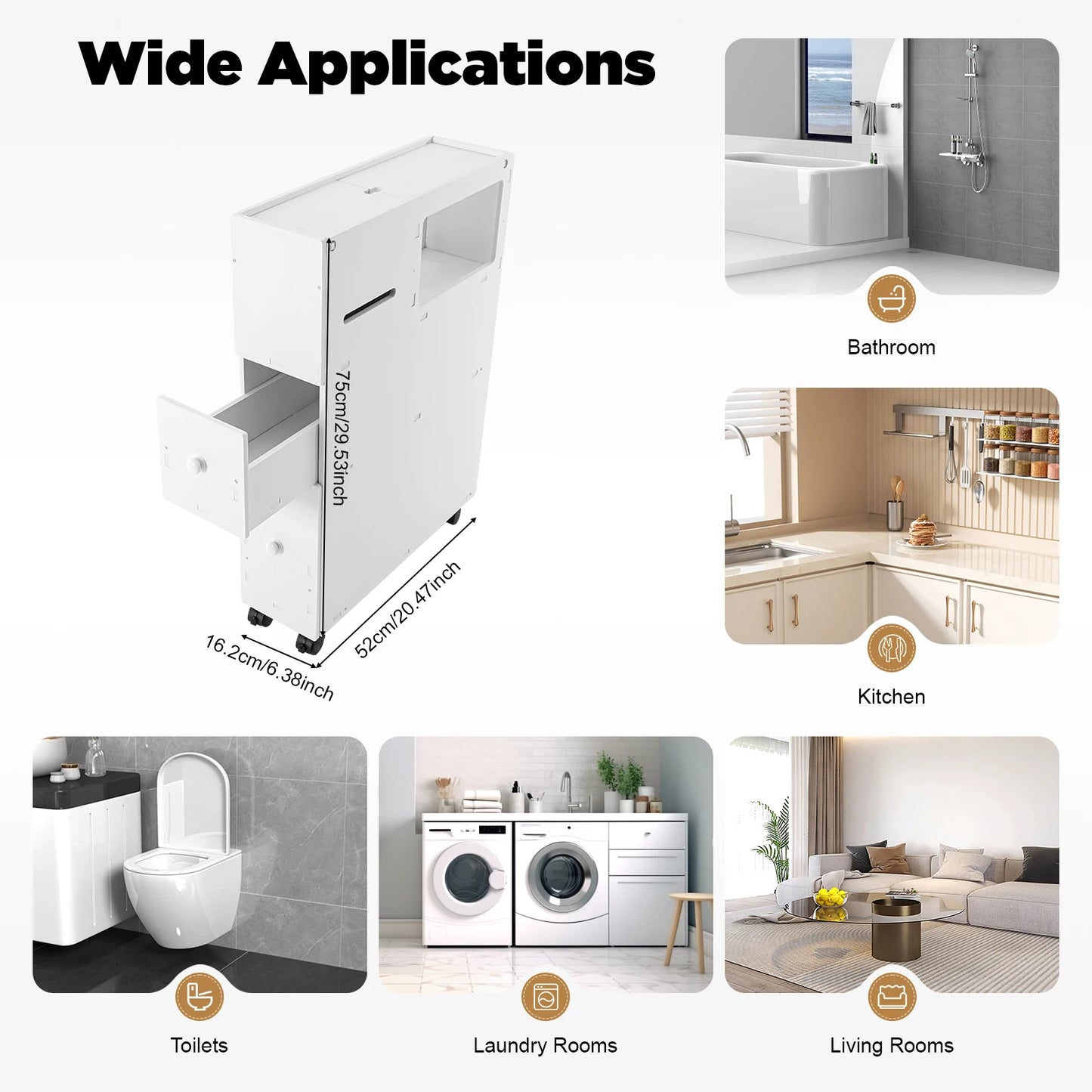 Slim Bathroom Storage Cabinet Toilet Side Cabinet  4 Layers Floor Storage Organizer with Slide Out Drawer White