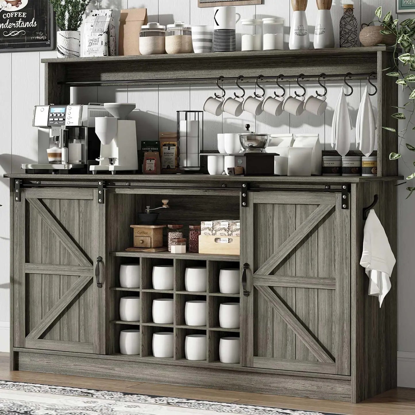 Farmhouse Coffee Bar Cabinet With Eight Hooks Kitchen Hutch Storage