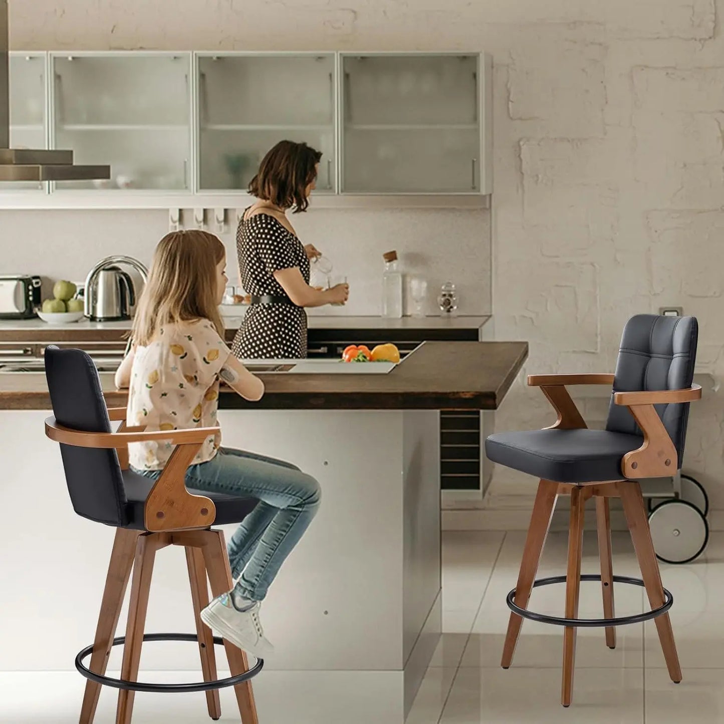 Black Bar Stools Set of 2, Kitchen Bar Stools 30” H,Modern Leather Bar Height Chairs with Back,Kitchen Island, Customized