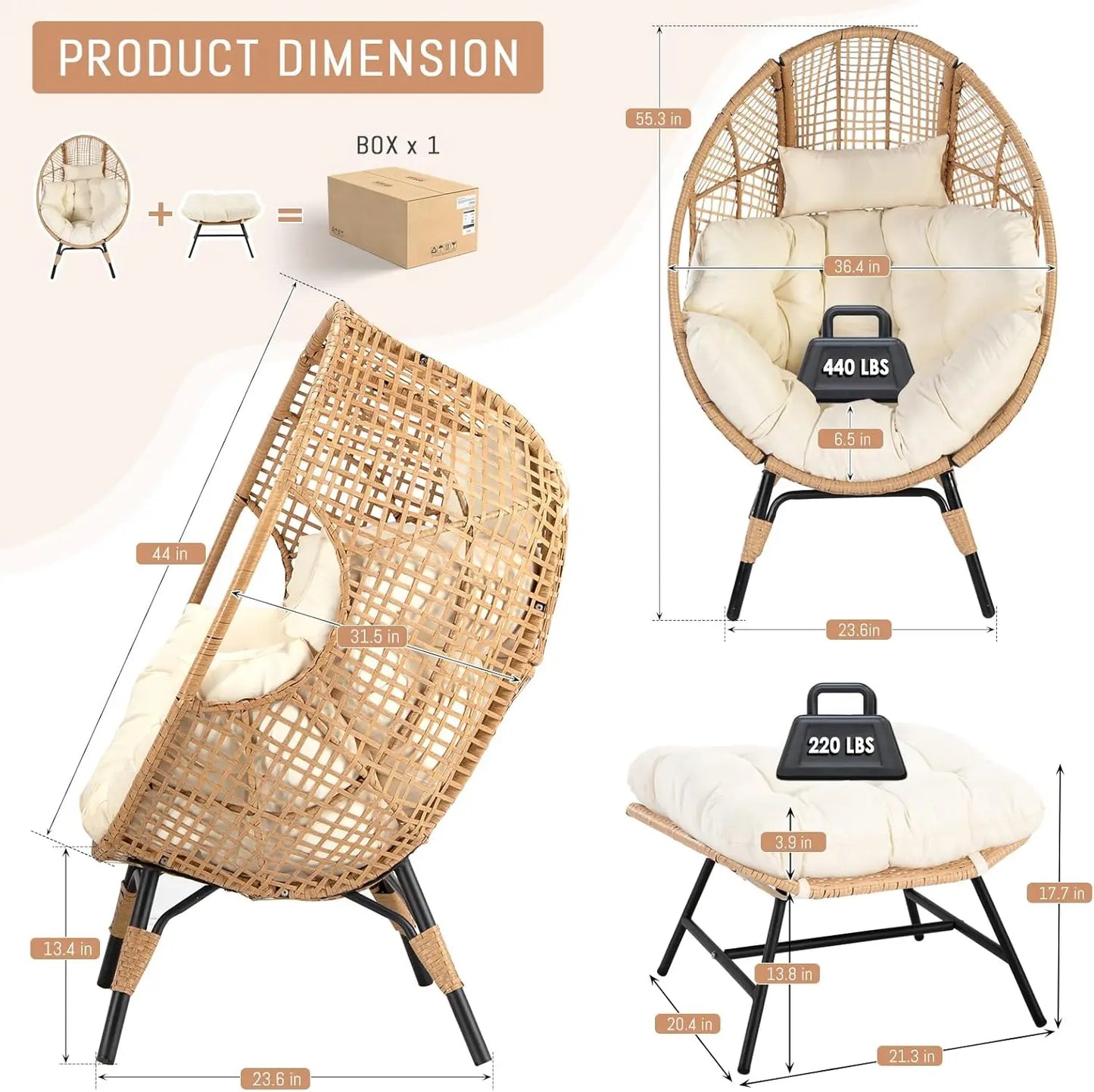 Egg Chair With Footrest Wicker Patio Lounger With Ottoman