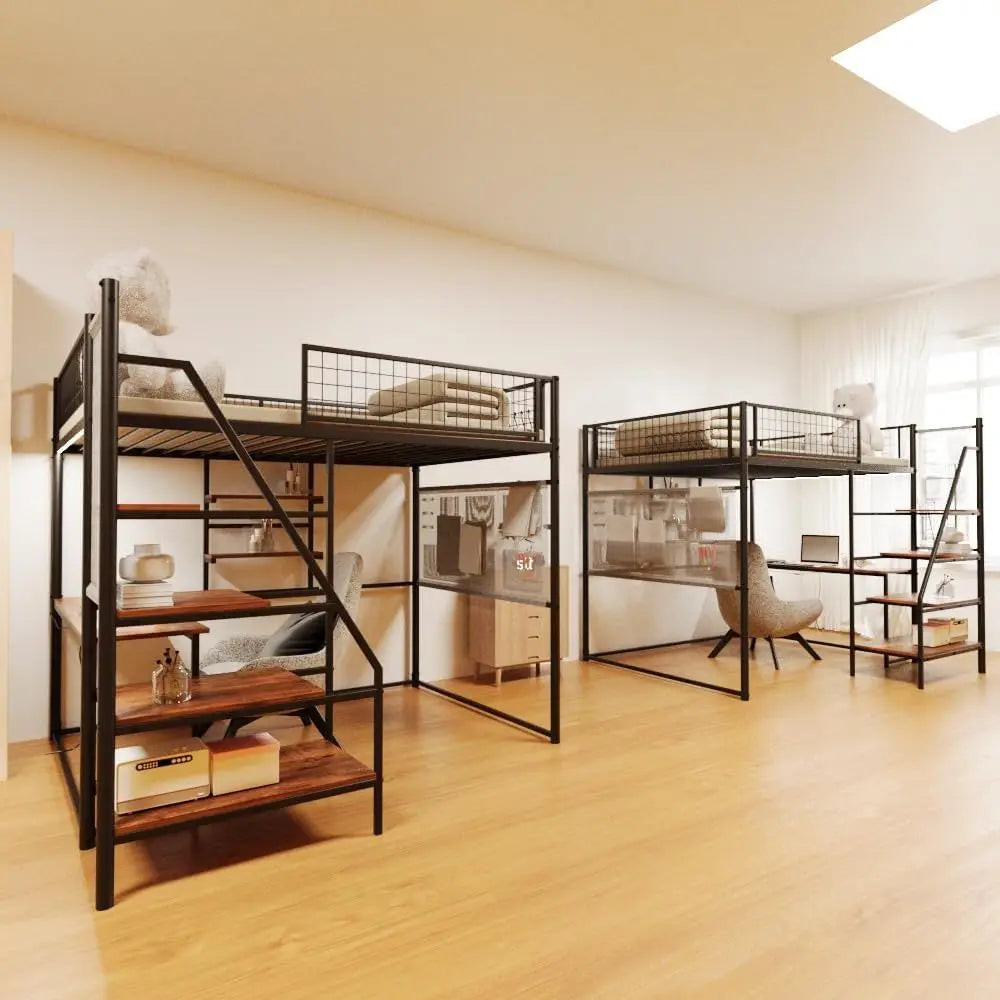 Metal Loft Bed With Stairs Desk And Charging Station