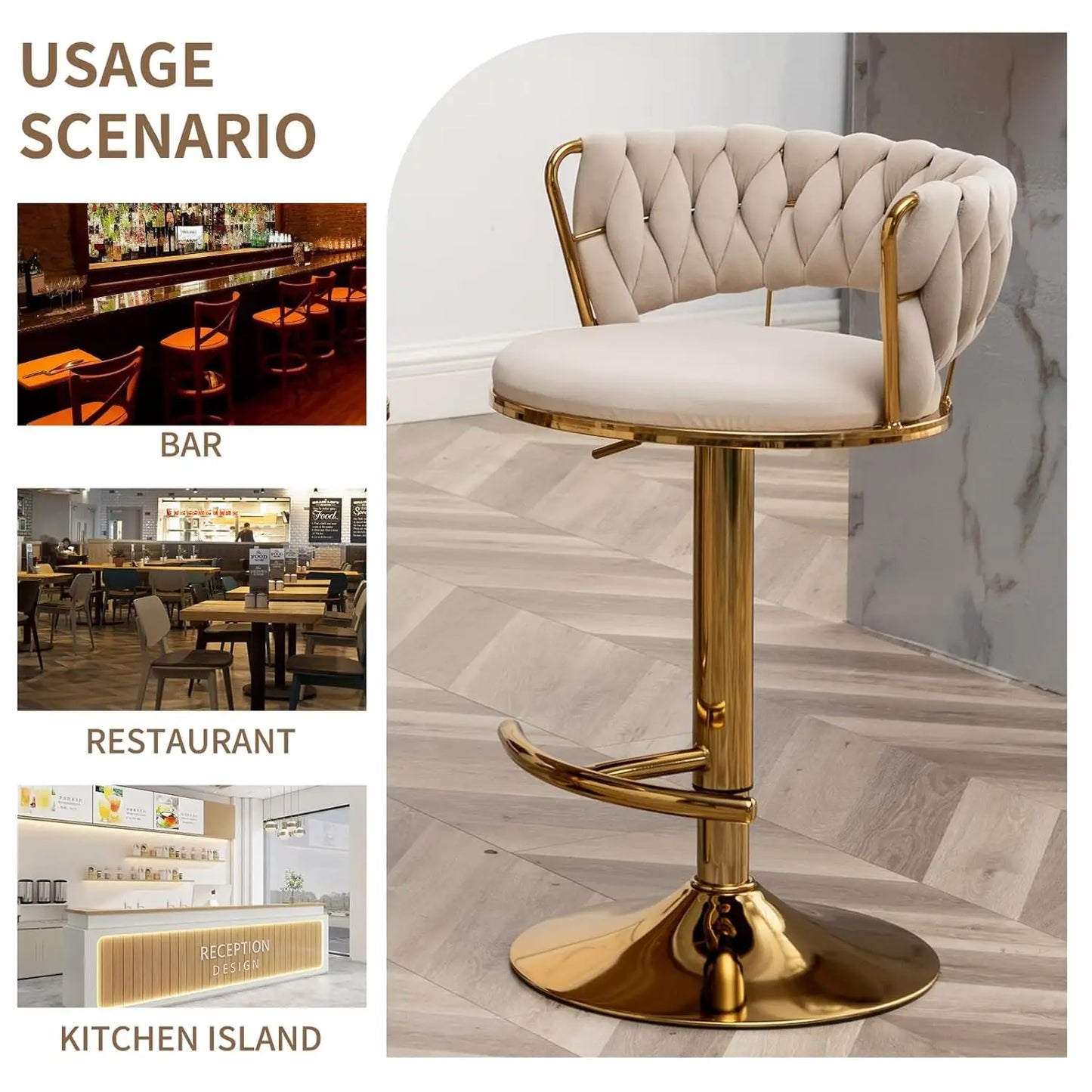 Gold Bar Stools Set of 4, Velvet Swivel Barstools with Woven Backrest, Adjustable Bar Chairs for Kitchen Island,, Customized