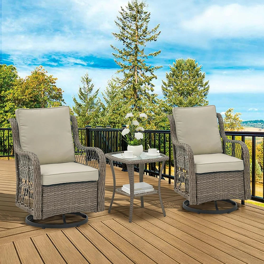 HiMISS 3-Piece Outdoor Wicker Swivel Patio Set With Glass Table
