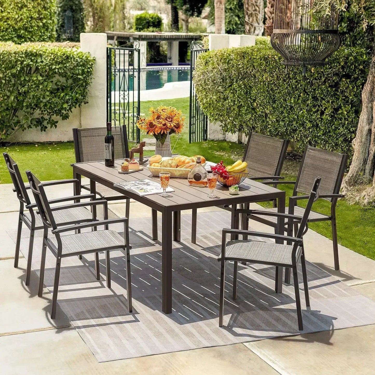 Patio Dining Set 7-Piece Outdoor Table With 6 Textilene Chairs