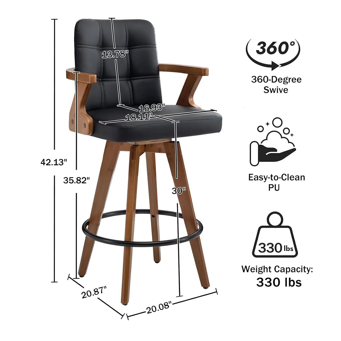 Black Bar Stools Set of 2, Kitchen Bar Stools 30” H,Modern Leather Bar Height Chairs with Back,Kitchen Island, Customized