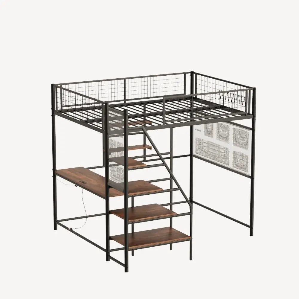 Metal Loft Bed With Stairs Desk And Charging Station