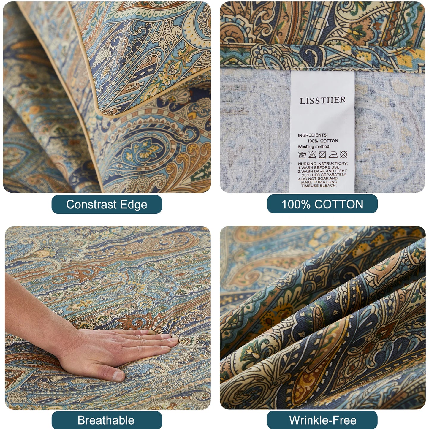 LISSTHERCN 100 Percent Egyptian Cotton Duvet Cover Set Vintage Paisley