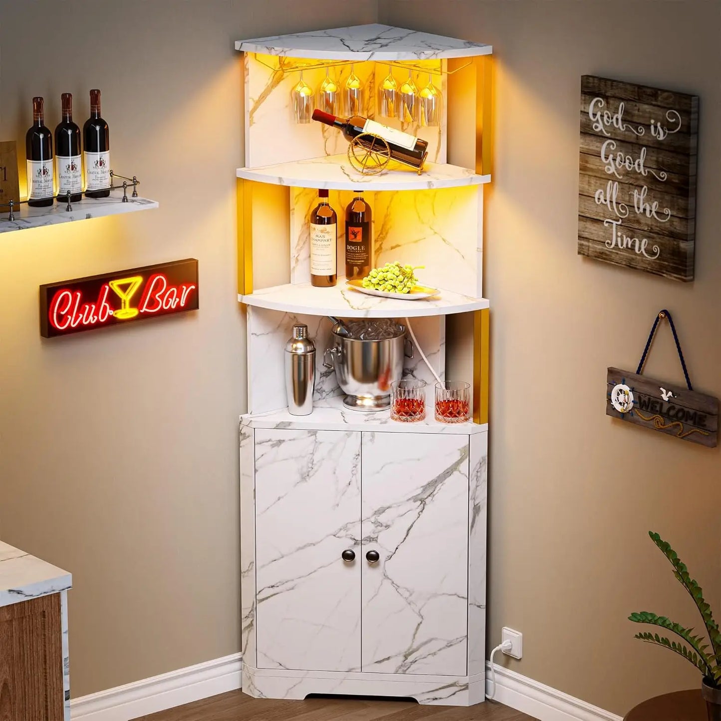 Corner Bar Cabinet With LED Lights And Power Outlets And Wine Rack