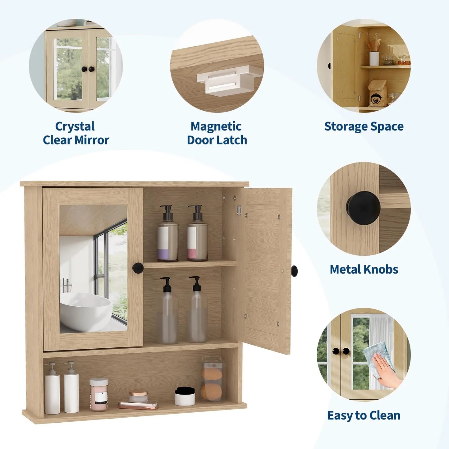 Wall Mounted Bathroom Cabinet,Wooden Bathroom Medicine Cabinet with Mirror Doors & Adjustable Shelves,Floating Storage Cabinet