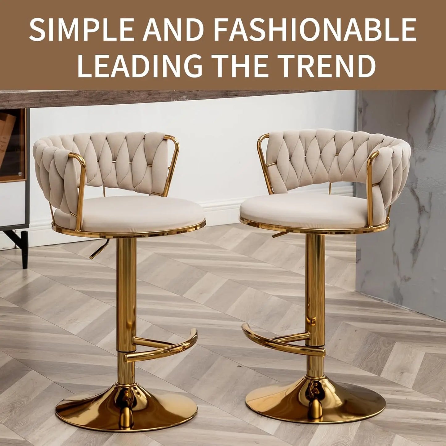 Gold Bar Stools Set of 4, Velvet Swivel Barstools with Woven Backrest, Adjustable Bar Chairs for Kitchen Island,, Customized