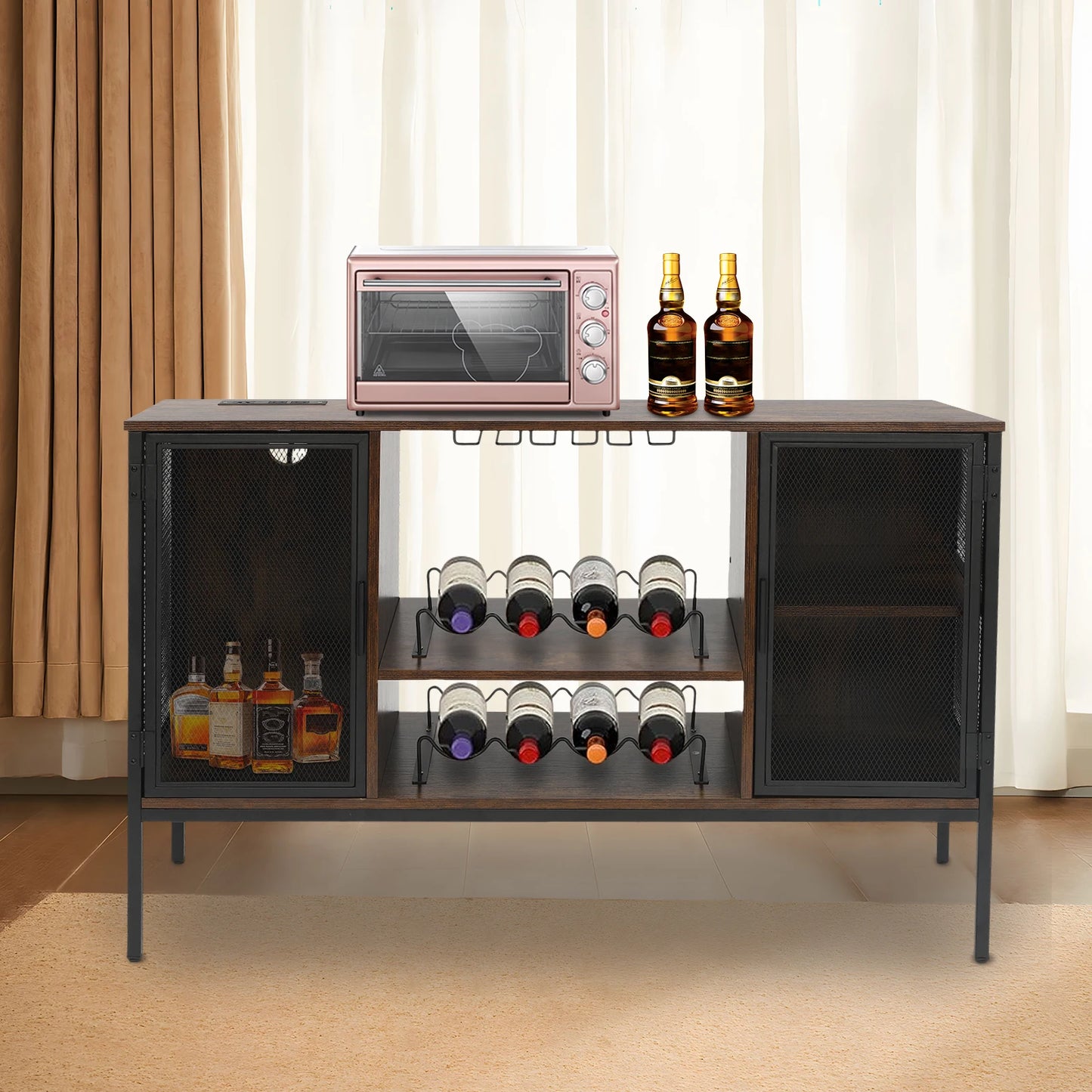 Wine Bar Cabinet With Glass Holder And Coffee Station