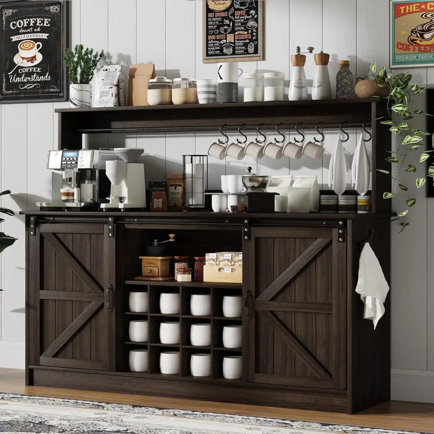 Farmhouse Coffee Bar Cabinet With Eight Hooks Kitchen Hutch Storage