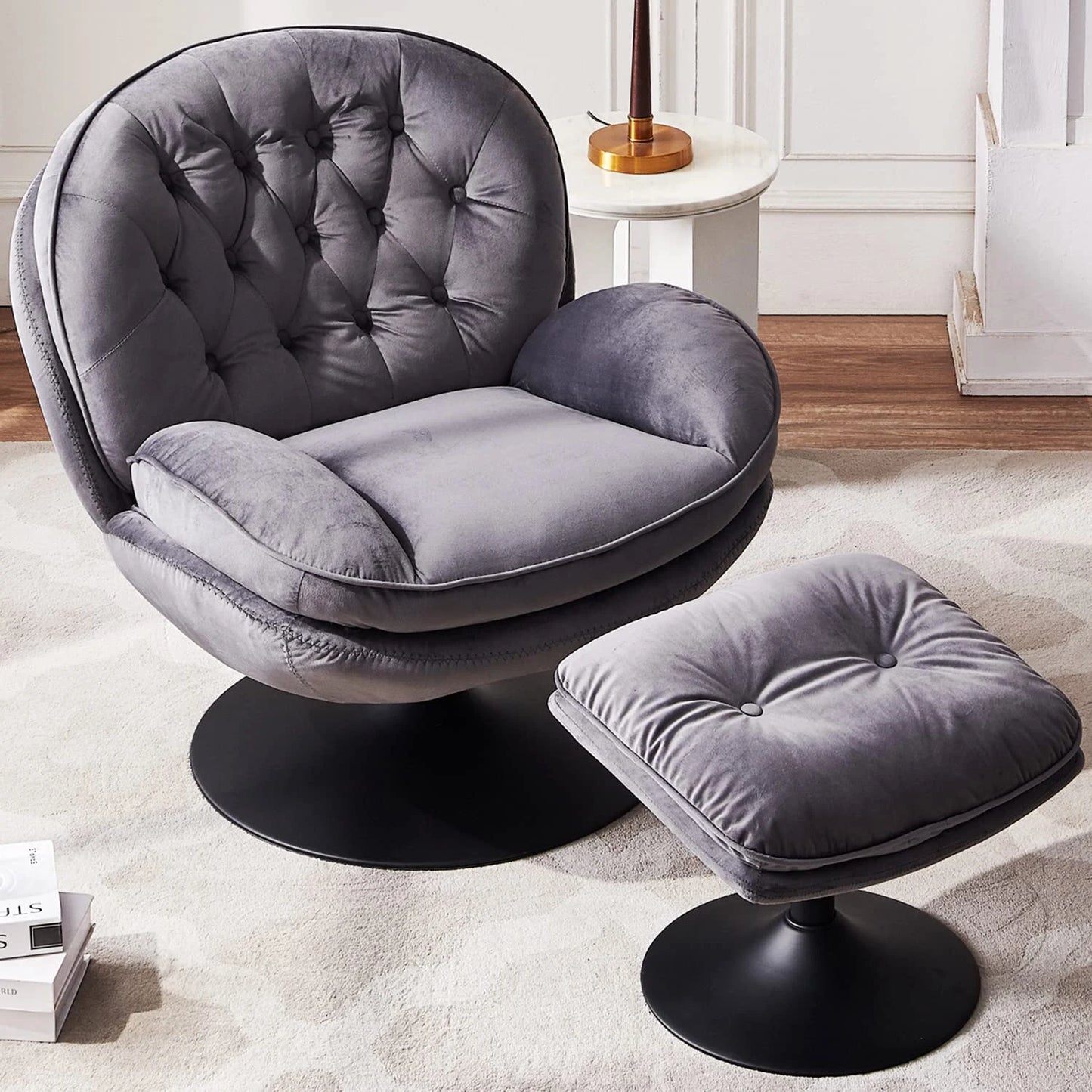 Todrani Velvet Swivel Armchair Set With Ottoman