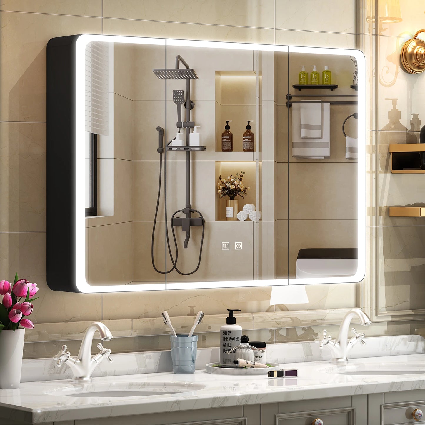 led mirror bathroom Large LED Lighted Medicine Cabinet w/ Mirror 2 Doors Medicine Cabinet Bathroom