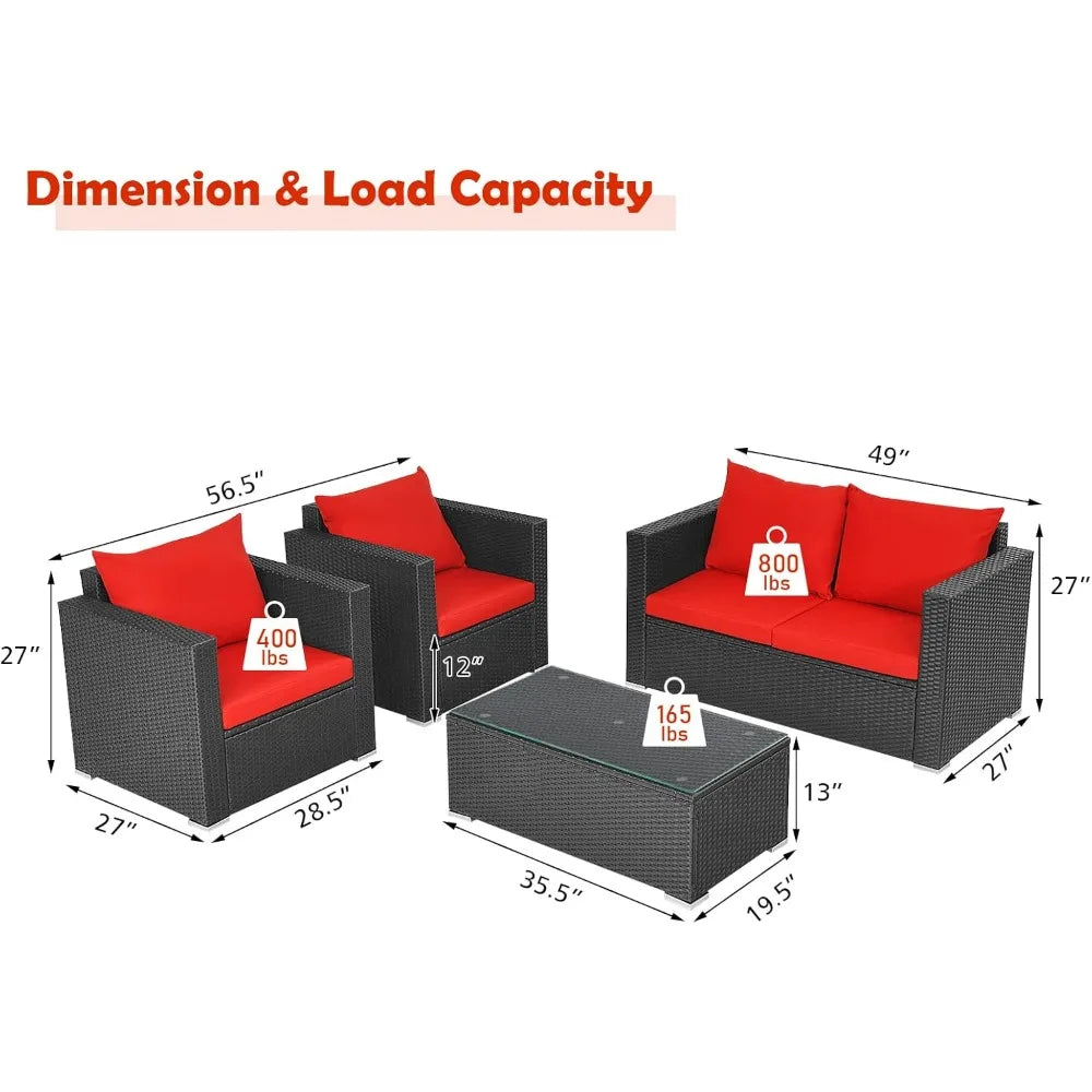 Patio 4-Piece Rattan Furniture Set With Cushioned Seating And Glass Top Table
