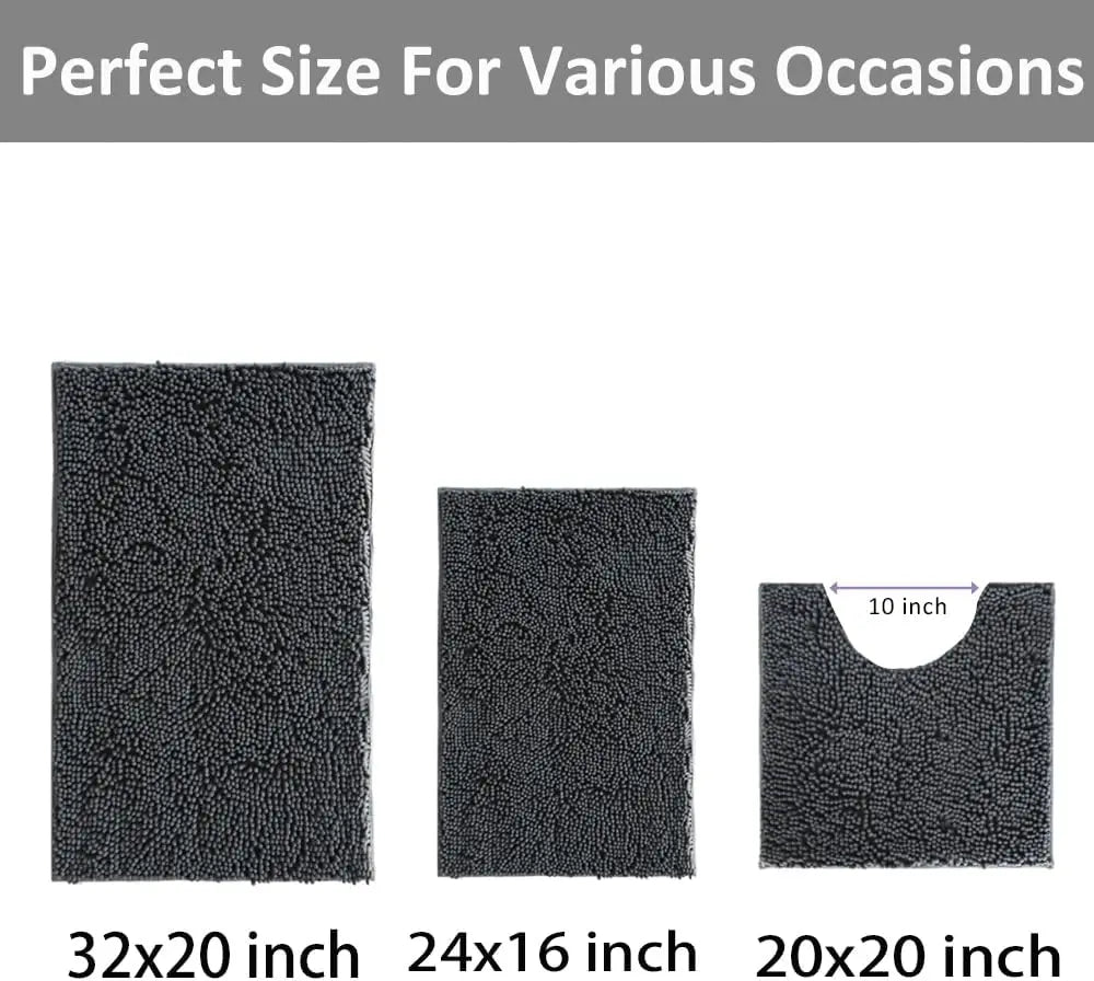 Bathroom Rugs Set Non Slip 3 Piece Bath Mat Washable Chenille Bath Rugs with PVC Backing Bath Carpet,Absorbent Bathroom Mats wit