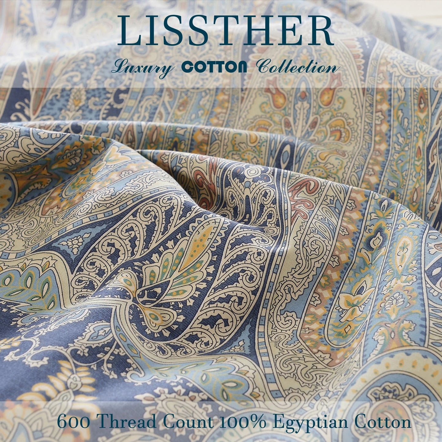 LISSTHERCN 3Piece 600TC Egyptian Cotton Duvet Cover Set Paisley Royal